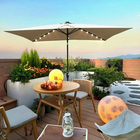 FFZ 10x6.5 FT Rectangular Solar LED Patio Umbrella with Tilt, Mushroom