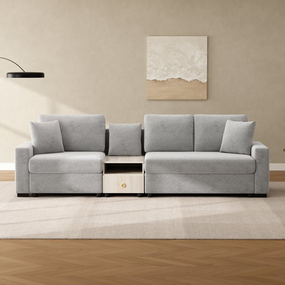 FFZ 111.8 inch Modular Sofa Couch with Storage Armrest, Center Console and 3-Seater Design, Grey