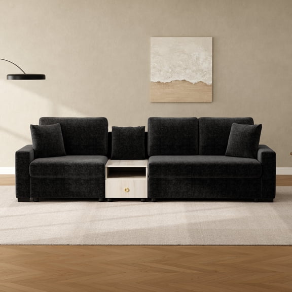 FFZ 111.8" Modular Chenille Sofa with Storage Armrest, Center Console, Removable Pillows, Black