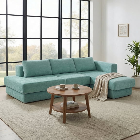 FFZ L-Shaped Modular Sofa with Double-Layer Cushions and Chenille Fabric, 113 x 70.5 x 30.5 inch, Teal