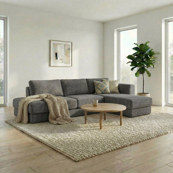 FFZ 113 inch L-Shaped Modular Sectional Sofa with Double Layer Cushions and Chenille Upholstery, Dark Grey