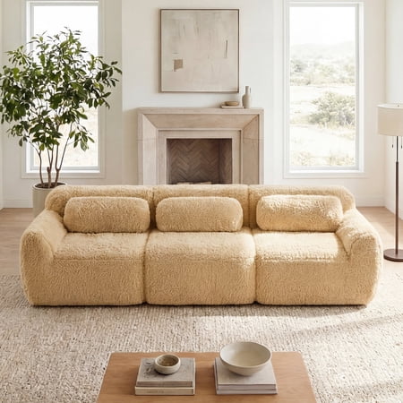 FFZ 114 inch Modular Sectional Sofa with Plush Fabric and Throw Pillows, Light Khaki