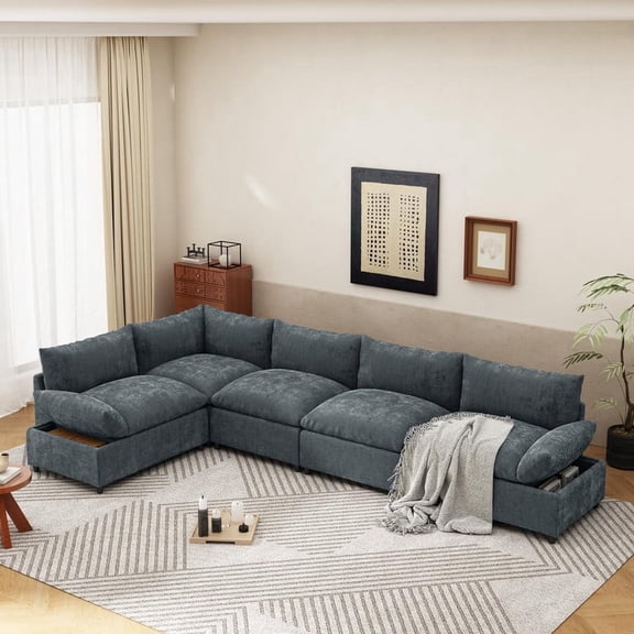FFZ 115.5" Modular Deep Gray Sectional Sofa with Polyester Upholstery, Plush Cushions, Hidden, Dark Gray