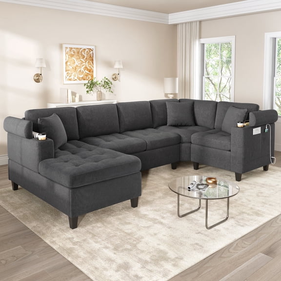 FFZ 115.7" U-Shaped Sectional Sofa with Chaise, Storage, Cup Holders and USB Ports, Grey