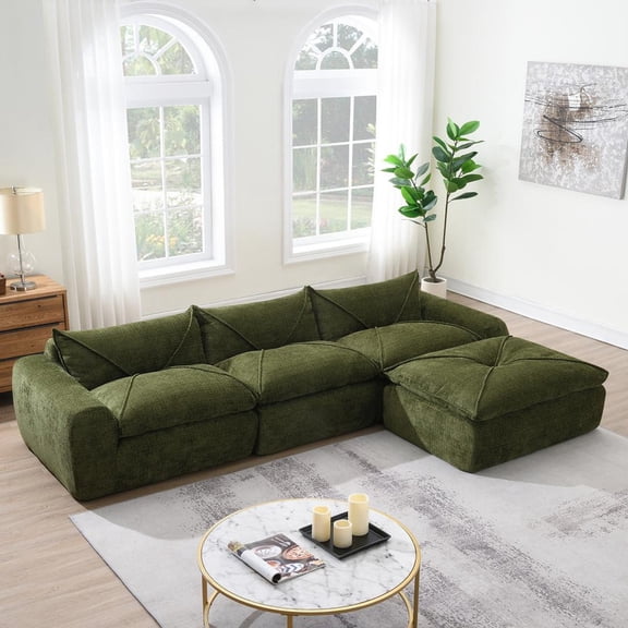 FFZ 116 inch Particle Chenille Modular Sectional Cloud Sofa with Ottoman, Green