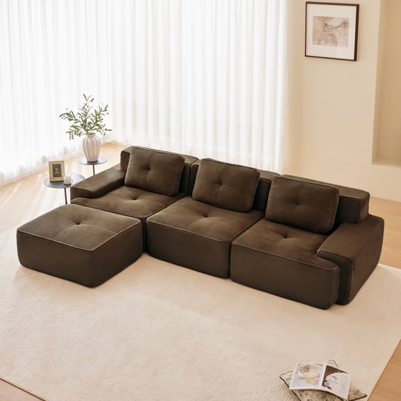 FFZ 117 inch L-Shaped Modular Sectional Sofa with Movable Ottoman, Tufted Design and Corduroy Fabric, Brown