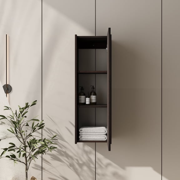 FFZ 12 Inch Wall Mounted Side Cabinet with Soft-Closing Door and Engineered Wood Construction, Dark Oak