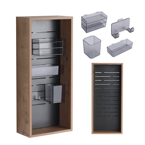 FFZ 12 Inch Wall Mounted Open Storage Cabinet with 4 Frosted Bins and Hooks, Imitative Oak