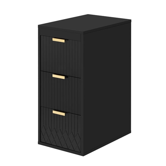 FFZ 12 inch Wall Mounted Side Cabinet with L-Shape Handles and Stripe Carving, 12 x 17.7 x 26.3 inch, Black
