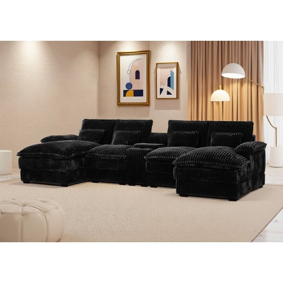 FFZ 120-inch U-Shaped Sectional Sofa with Center Console, USB Ports and 4 Pillows, Black