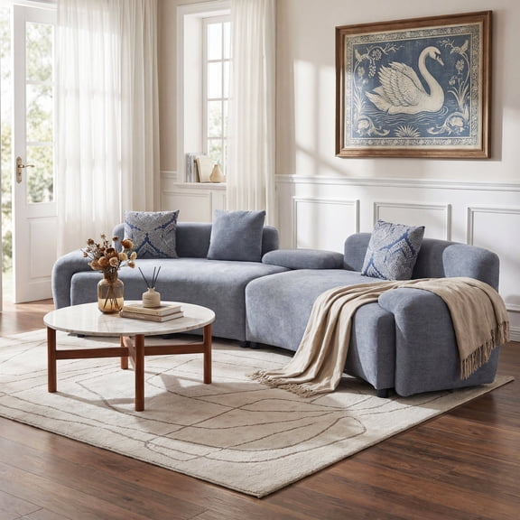 FFZ 122.05" Curved Sofa with 2 Damask Pattern Pillows, 4 Seat Couch, Grey