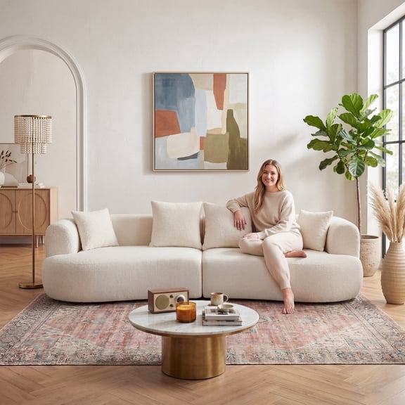 FFZ 122 inch Curved Cloud Sectional Sofa with Boneless Foam and Spring Seats, Extra-Deep Seats, White