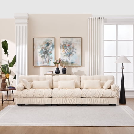 FFZ 123 inch Modular Sectional Sofa with Advanced Flannelette and 5 Throw Pillows, Beige