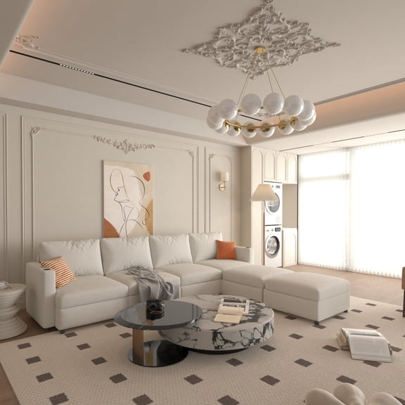 FFZ 123.6" U-Shaped Modular Sectional Sofa Bed with Storage, Ottoman, 6 Seats, Antique White