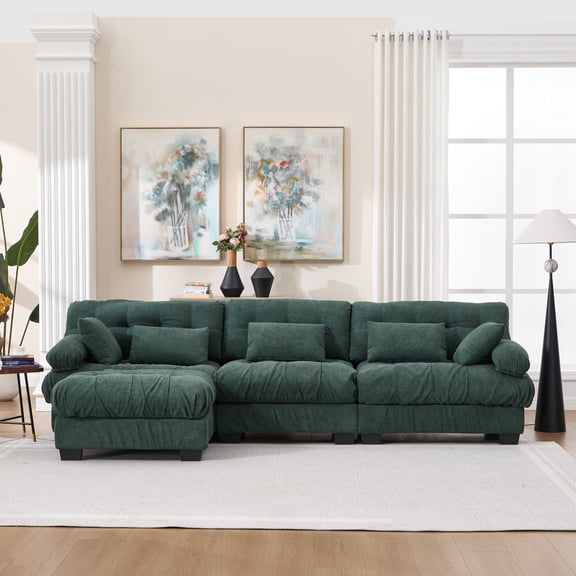 FFZ 123 inch Modular Sectional Sofa with Movable Ottoman and Cloud Couch Design, 5 Pillows, Green