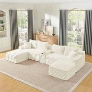 FFZ 127 inch Cloud Sectional Sofa with Cup Holders, 2 Ottomans and USB Ports, U Shaped Boneless Design, Beige