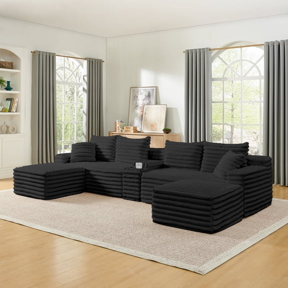 FFZ 127" Cloud Couch Sectional, Modular Sofa with USB and Ottomans, Black