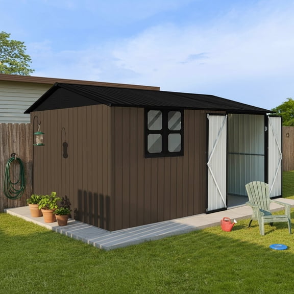 FFZ 12x10 ft Metal Garden Storage Shed with Window, Foldable Worktable and Shelves, Brown