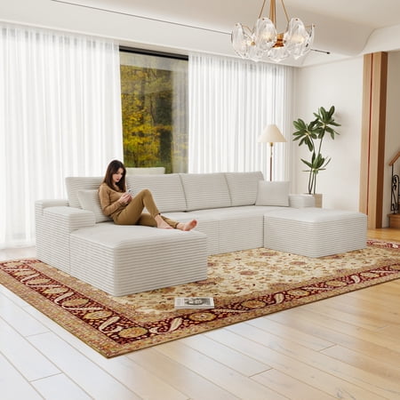 FFZ 131.9x70.8" Modular Sectional Sofa, Compressed Couch, No Assembly, 4PC Free Combination, Corduroy Fabric, White