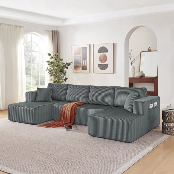 FFZ 132" U-Shaped Modular Sectional Sofa with Cloud Couch Comfort, Corduroy, No Assembly, DARK GREY