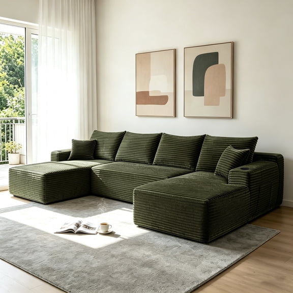 FFZ 134" U-Shaped Cloud Sectional Sofa with Chaise, Cup Holder, Side Pockets, No Assembly, Green