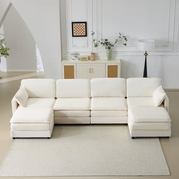 FFZ 136 inch Plush Cloud Modular Sofa with 2 Footstools and Chenille Cushions, Beige