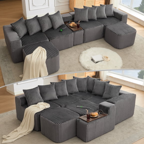 FFZ 137.5" U-Shaped Modular Sofa with USB & Wireless Charge, Coffee Table Board, Cup Holder, 6 Seats, Gray
