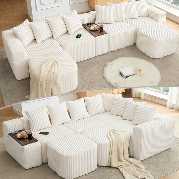 FFZ 137.5" U-Shaped Modular Sofa with USB & Wireless Charge, Coffee Table Board, Cup Holder, Movable, Beige