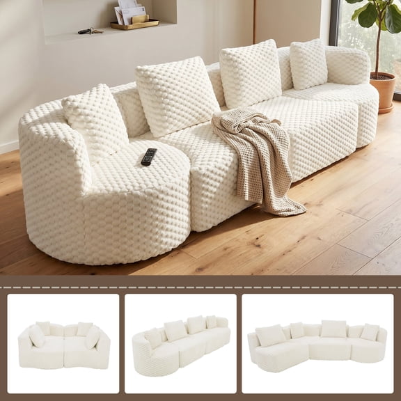 FFZ 138"L Modular Sectional Sofa with Bubble Velvet Upholstery, White