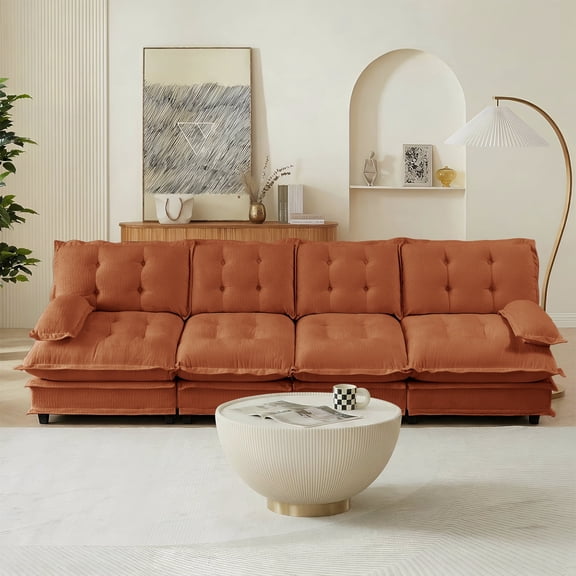 FFZ 138" 4-Seater Cloud Modular Sectional Sofa with Lattice Decored Seat Cushion, Chenille Fabric, Orange