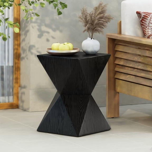 FFZ 14.25 inch Prismatic Symmetry Concrete Side Table with Smooth Wood Grain Texture Accent, Black