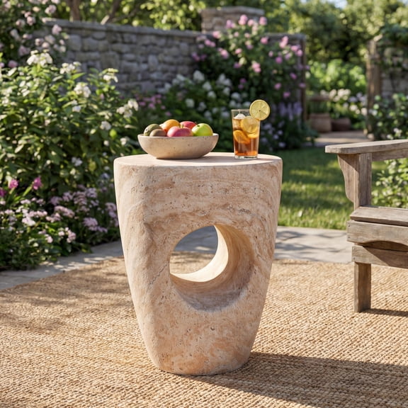 FFZ 14.5 inch Modern Magnesia Oxide Side Table with Hollow Design, Beige+Natural
