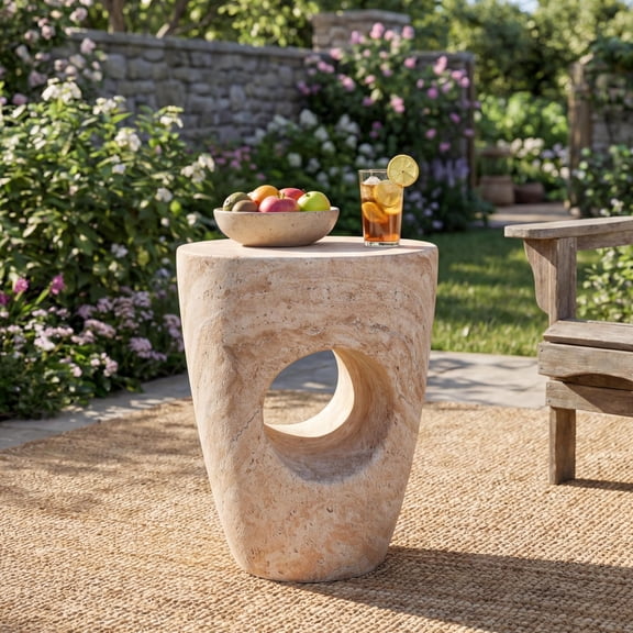 FFZ 14.5 inch Modern Magnesia Oxide Side Table with Hollow Design, Beige+natural
