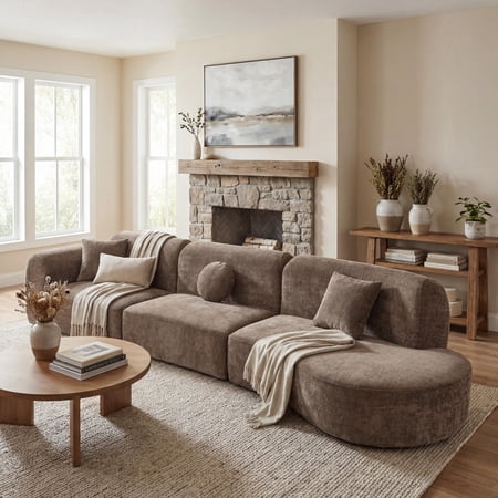 FFZ 140" Curved Sectional Sofa with Chaise Lounge, High-Density Sponge, Polyester Upholstery, Fully, Brown