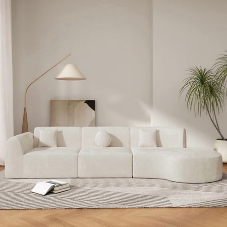 FFZ 140 inch Curved Sectional Sofa with Chaise Lounge and Fully Compressed Sponge, 3-Piece Set, Beige