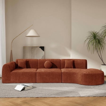 FFZ 140" Curved Sectional Sofa with Chaise, High-Density Sponge, Polyester Upholstery, Fully Assembled, Orange