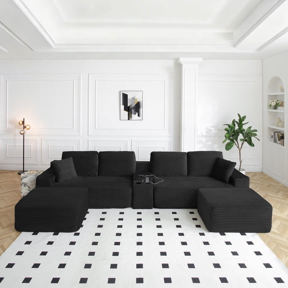 FFZ 150" Oversized Sectional Sofa with Deep Seat, L-Shape, Cup Holders, USB Ports, Corduroy Couch, Black