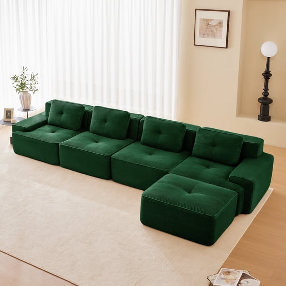 FFZ 153 inch L-Shaped Modular Sectional Sofa with Movable Ottoman, Tufted Design and Corduroy Fabric, Green