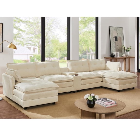FFZ 154" U-Shaped Cloud Sectional Sofa with Ottomans, Corduroy, USB Port, 2 Cup Holders, 154 x 60 x 33, Beige