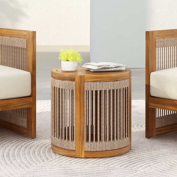 FFZ 16.9 inch Acacia Wood Outdoor Side Table with Handwoven Rope Accents, Natural
