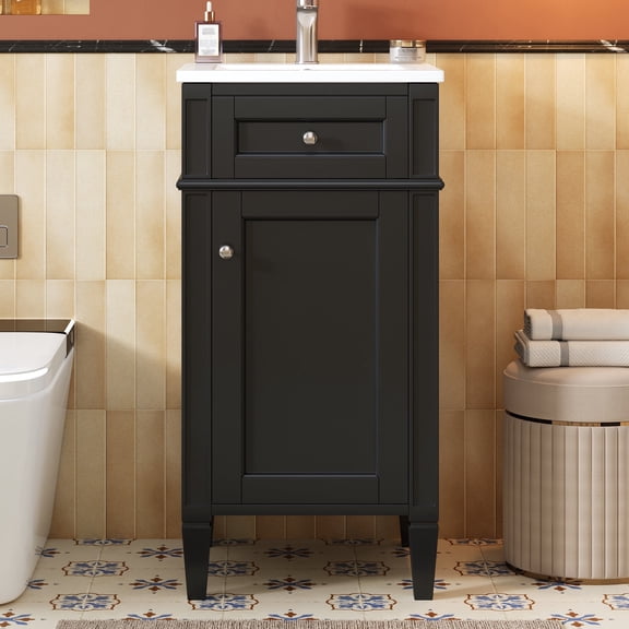 FFZ 16 inch French Style Bathroom Vanity with Ceramic Sink, Soft-Closing Door and Adjustable Shelf, Black