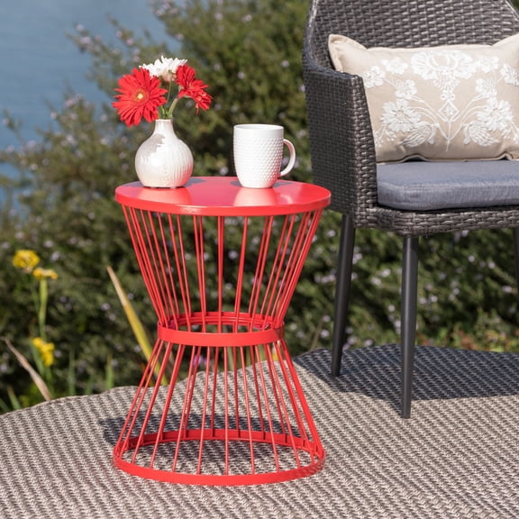 FFZ 16 inch Stainless Steel Hourglass Side Table with Open Cage Frame, Red