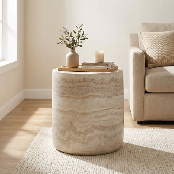 FFZ 17.52"H Faux MARS marble Pattern Round Coffee Table with No Assembly, Beige