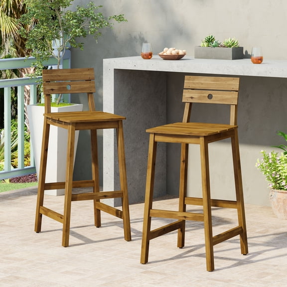 FFZ 17" Ashlyn Barstool Set of 2 with Acacia Wood Frame and Slat Design, Brown