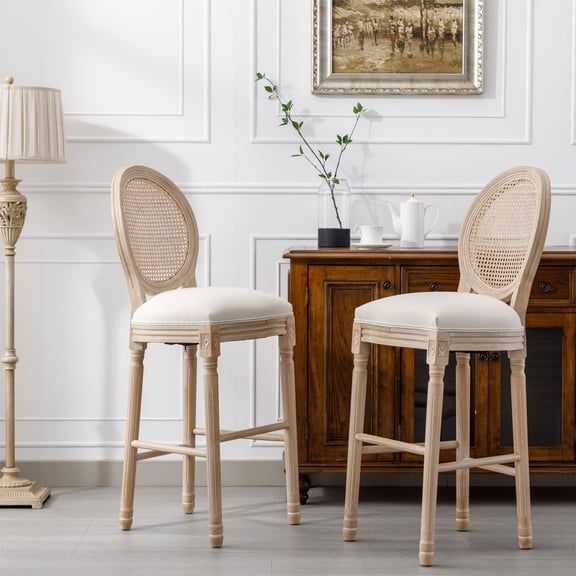 FFZ 18.9" Set of 2 French Country Barstools with Rattan Mesh Back and Linen Upholstered Seat, Beige
