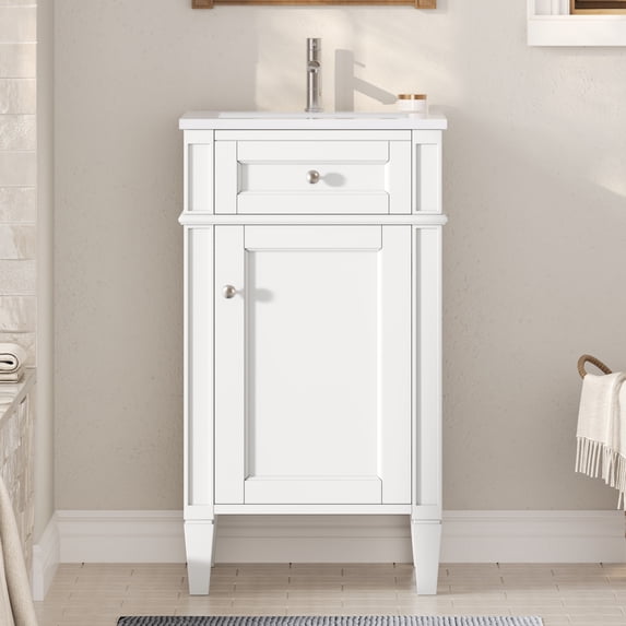 FFZ 18-Inch Bathroom Vanity With Ceramic Sink, Freestanding Single Vanity Set With Soft Closing Door, Adjustable Shelf, French Style, Solid Feet, White