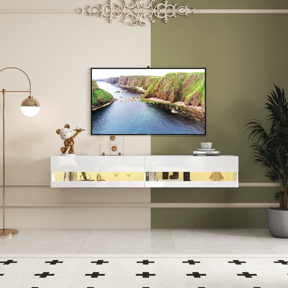 FFZ 80 inch Wall Mounted Floating TV Stand with 20 Color LEDs and Charging Station, White