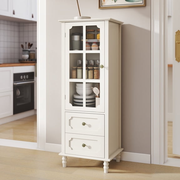FFZ 19.68" Minimalism Buffet Cabinet with Glass Doors, Double Drawer, Modern Wooden Storage Sideboard, Creamy White