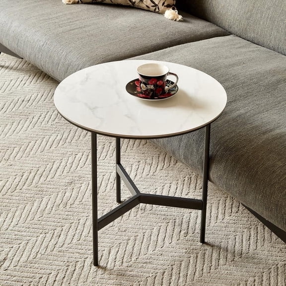 FFZ Round Accent Side Table with Sintered Stone Top and Metal Frame, 19.69 x 19.69 x 19.69 inch, White+gray