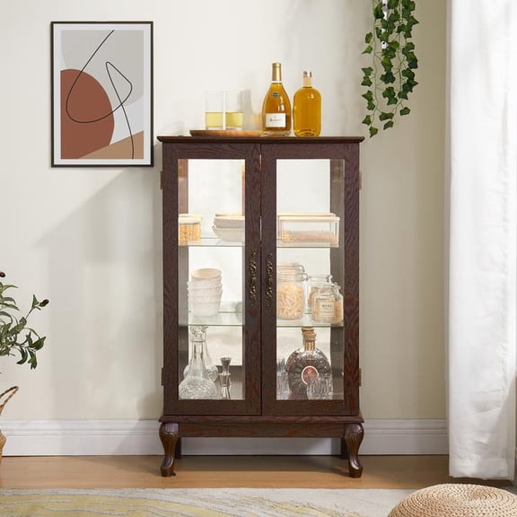 FFZ 2 Doors Curio Cabinet Tempered Glass Mirrored Back Panel Adjustable Shelves Lighted Cherry